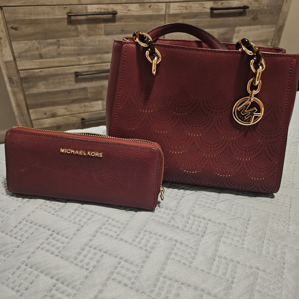 Michael Kors Maroon Satchel and Wallet Set